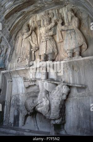 Khosrau II Die victorius. Riegned 591-628. Iran, Kermanshah Province, Taq-e Bostan. Iran. Sassanidenreich. Stockfoto