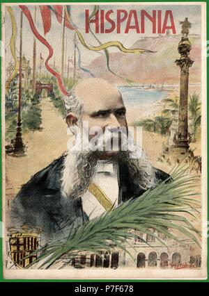 Portada de la Revista modernista Hispania dedicada al Alcalde de Barcelona, Francesc Rius i Taulet (1833-1889). Dibujo de Mas y Fondevila. Año 1901. Stockfoto