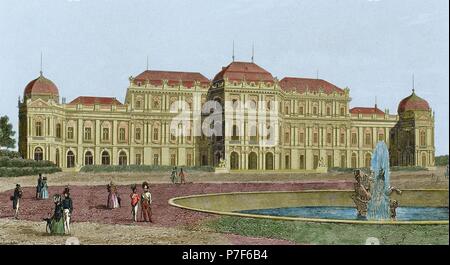 Österreich. Wien. Schloss Belvedere. Barocke. 1714-1722 von Johann Lukas von Hildebrandt (1668-1745) zu bauen. Sommerresidenz für Prinz Eugene des Wirsings. Kupferstich, 19. Jahrhundert. Farbige. Stockfoto