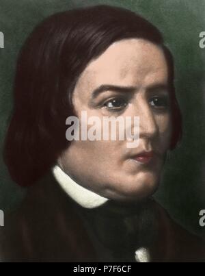 Robert Schumann (1810-1856). Deutscher Komponist. Porträt. Farbige Gravur. Stockfoto