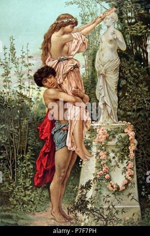 Venus, Göttin der Liebe, Fruchtbarkeit und Beschützer der Ehe anzubieten. Farbiger Kupferstich von E. Medard. des 19. Jahrhunderts. Stockfoto