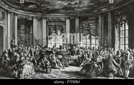 Das Konzert im Haus der Gräfin von Saint Brisson. Kupferstich von L. Prevost vor einem Gemälde von Augustin de Saint-Aubin (1736-1807). Stockfoto