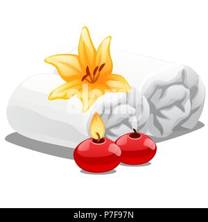 Zwei Handtücher, brennende Kerzen und eine Lilie Blume. Zubehör für Spa Behandlung auf weißem Hintergrund. Vektor cartoon Close-up Abbildung. Stock Vektor