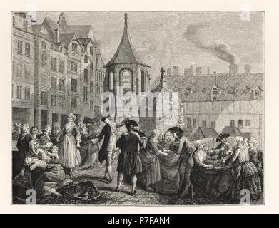 Die Marken des Unschuldigen mit der Fontaine des Innocents (jetzt Joachim-du-Bellay, Les Halles), Paris. Lithografie nach Etienne Jeaurat von Paul Lacroix' des achtzehnten Jahrhunderts: ihre Institutionen, Sitten und Trachten, London, 1876. Stockfoto
