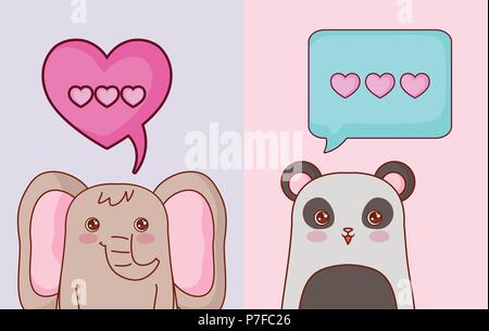 Kawaii Elefant und Panda Bär mit Sprechblase mit Herzen Symbole. Vector Illustration Stock Vektor
