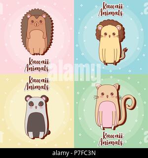 Icon Set von kawaii Tiere über bunte Quadrate, Vektor, Abbildung Stock Vektor