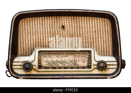 Isolierte Vintage Retro Radio in spanischer Sprache auf weißem Hintergrund Stockfoto