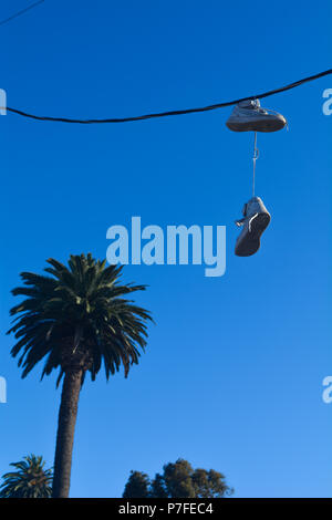 Devianz: Weiß Sport Fashion High Top Sneaker, die von einem südlichen Kalifornien power line mit einer Palme im Hintergrund auf einem klaren blauen Himmel Tag Stockfoto