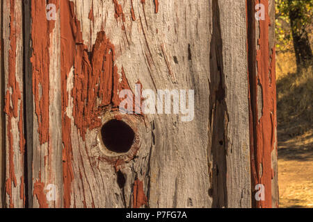 Detail des Alten, Peeling roter Farbe auf kleinen, Wald, Gebäude Hintergrund Stockfoto