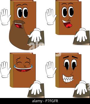 Bücher seine Hand heben und legte die andere auf ein heiliges Buch. Comic Book Collection mit glücklichen Gesichtern. Ausdrücke Vektor einrichten. Stock Vektor