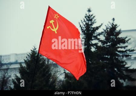 Flagge der Union der Sozialistischen Sowjetrepubliken UdSSR HD. Die Fahne mit Hammer und Sichel auf einem Hintergrund von grünen Bäumen. Mai-Demonstration. Parade in Stockfoto