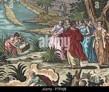 Moses aus dem Nil von der Tochter des Pharao von Ägypten gerettet. Exodus. Kapitel 2, Vers 5. Gravur. Farbige. Stockfoto