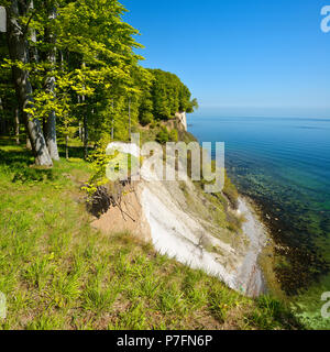 Blick auf die Ostsee und die Kreidefelsen im Frühjahr, Buche Wald auf dem Steilufer, frisches Grün, Nationalpark Jasmund Stockfoto