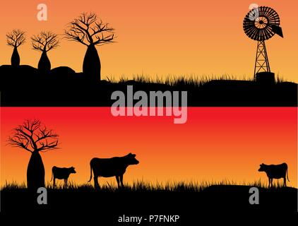 Drei Kühe in den Sonnenuntergang und das Outback Wind Mill Silhouette Stock Vektor