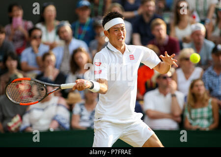 London, Großbritannien. 5. Juli 2018. Kei Nishikori (JPN) Tennis: Kei Nishikori von Japan während der Männer singles Match in der zweiten Runde Wimbledon Lawn Tennis Championships gegen Bernard Tomic von Australien an der All England Lawn Tennis und Croquet Club in London, England. Quelle: LBA/Alamy leben Nachrichten Stockfoto