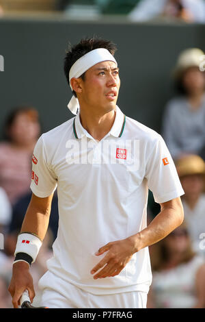 London, Großbritannien. 5. Juli 2018. Kei Nishikori (JPN) Tennis: Kei Nishikori von Japan während der Männer singles Match in der zweiten Runde Wimbledon Lawn Tennis Championships gegen Bernard Tomic von Australien an der All England Lawn Tennis und Croquet Club in London, England. Quelle: LBA/Alamy leben Nachrichten Stockfoto