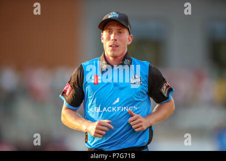 Blackfinch neue Straße, Worcester, Großbritannien. 6. Juli, 2018. Vitalität Blast Cricket, Worcestershire Rapids gegen Birmingham trägt; Lukas Wald von Worcestershire Rapids Credit: Aktion plus Sport/Alamy leben Nachrichten Stockfoto