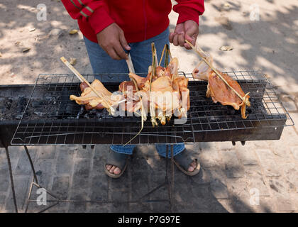 Man Grillen von Fleisch auf der Straße, Vientiane, Laos, Asien. Stockfoto