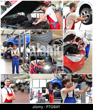 Collage mit Motiven in einer Autowerkstatt - Autoreparatur, ändern Reifen, Motor Diagnose Stockfoto