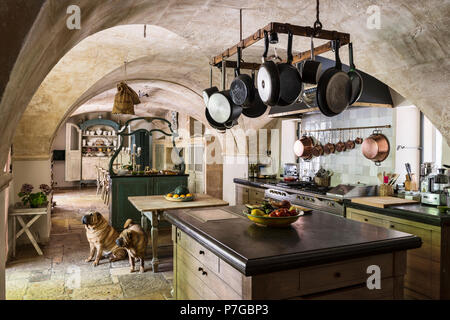 Verschiedene Pfannen hängen an Rack über Küche Insel im 18. Jahrhundert Schlösser, St Remy De Provence Stockfoto