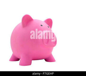 Seitenansicht des rosa Sparschwein aus Kunststoff auf weißem Hintergrund für Ihr Unternehmen Konzept Design isoliert. Stockfoto