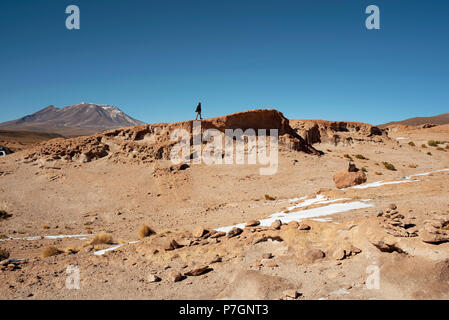 Menschen auf dem Weg in die Fauna der Anden Eduardo Avaroa National Reserve (Parque Nacional Eduardo Avaroa) rund um Volcán Ollague. Uyuni, Bolivien Stockfoto