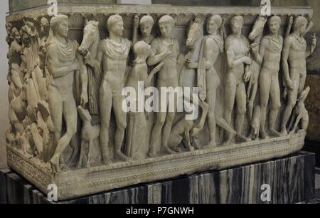 Römische Kunst. Sarkophag. Die Geschichte des Hippolytus. Späten 2. Jahrhundert n. Chr. Marmor. Die Eremitage. Sankt Petersburg. Russland. Stockfoto