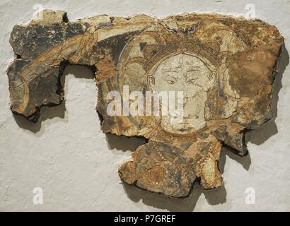 Im Mittelalter. Zentralasien. Seidenstraße. Göttin Integralhelm. Wandmalerei. Kleben Sie Farbe auf trockenen Löss Pflaster. Frühen 9. c. Kalai Kahkaha. Palast. (Bunjikant, Hauptstadt von Usturushan, Tadschikistan). Kleiner Festsaal (Kammer 4). Ostwand, obere registrieren. Die Eremitage. Sankt Petersburg. Russland. Stockfoto