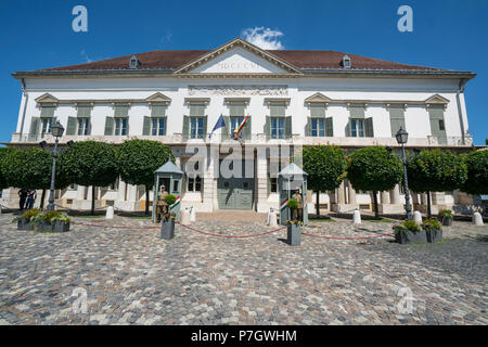 Ein Blick auf die Wachen vor theSandor Palace in Budapest, Ungarn Stockfoto