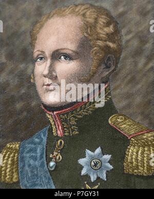 Alexander i. von Russland (1777-1825). Kaiser von Russland (1801-1825), der erste König von Polen (1815-1825) und erste russische Großfürst von Finnland. Porträt. Gravur. des 19. Jahrhunderts. Farbige. Stockfoto