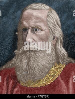 Alfonso II. von Asturien (c.760-842). Genannt der keusche. König von Asturien. Kupferstich von Serra Pausas, 1882. Farbige. Stockfoto