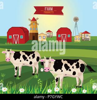 Kühe fressen Gras farm ville Vektor. Grüne Felder Sommer draußen Hintergrund Stock Vektor