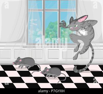 Katze jagt die Maus Vektor. zeichentrickfigur lustig Abbildung Stock Vektor
