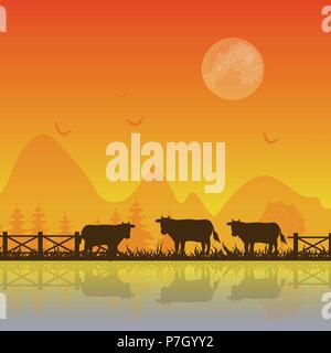 Kühe Silhouette bei Sonnenuntergang Vector hintergrund abbildung Stock Vektor