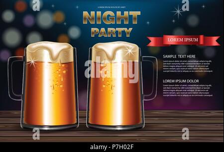 Bierkrüge Vektor realistisch. Party Flyer mit Getränke 3d Mock up Abbildung: Stock Vektor