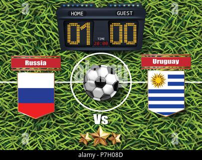 Russland vs Uruguay Fußball Großanzeigetafel 2018 Wm-Vektor. Realistische Vorlage Mannschaften Fußball nationale Flaggen. grünem Gras Hintergrund Stock Vektor