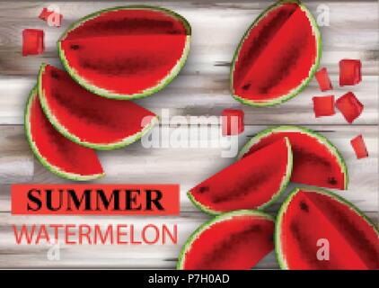 Sommer Wassermelone Vektor. Früchte Schichten auf hölzernen Hintergrund Stock Vektor