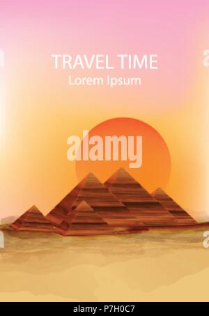 Sonnenuntergang in der Wüste Vector Hintergrund. Heißer Sommer Sonne über Pyramiden Abbildung Stock Vektor