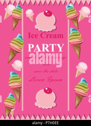 Ice Cream pink party Einladungskarte Vektor. Sommer Geburtstagskarte oder Event Poster Stock Vektor