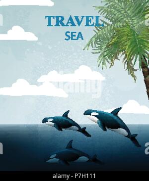 Sommer Travel Card mit Wale Vektor. Tropic Meer Wasser Hintergrund Stock Vektor