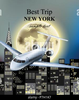 Flugzeug über New York City bei Nacht Vektor fliegen. Vollmond und Wolkenkratzer Hintergrund Stock Vektor