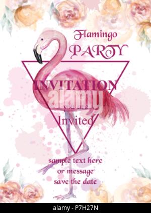 Flamingo Partei aquarell Karte Vektor. Hand gezeichnet Hintergrund. Vintage Farbe Flecken ursprüngliche Abbildung Stock Vektor