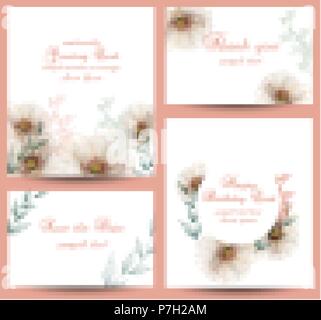 Aquarell Blumen blühen Card set Vektor. Vintage Grußkarten, Einladung Hochzeit, danke Postkarte. Sommer Blumenschmuck Blumenstrauß Stock Vektor