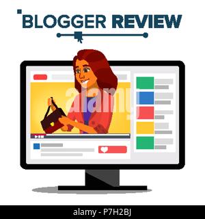 Blogger Review Konzept Vektor. Mode Video Blog Kanal. Mädchen populären Video Streamer Blogger. Online Live übertragen. Im Web Interface. Cartoon Illustration Stock Vektor