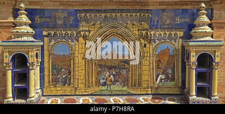 REPRESENTACION DE SEGOVIA - FIRMA DE LA CONCORDIA DE SEGOVIA ENTRE ISABEL Y FERNANDO EN 1475 - MOSAICO DE LA PLAZA DE ESPAÑA DE SEVILLA - SIGLO XX. Ort: ESPAÑA, Sevilla, Sevilla, Spanien. Stockfoto