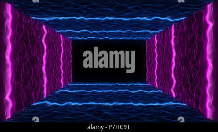 Retro-futuristischen abstrakte neon Intro. 80s Vintage VHS-Stil des Partikelfilters Landschaft VJ-Bewegung. Digital arcade spiel Sci-fi Raster wird isoliert Stockfoto