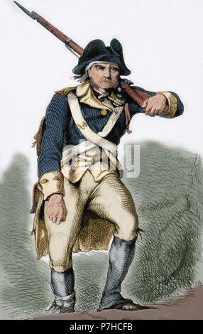 Amerikanischer Unabhängigkeitskrieg (1775-1783). Nordamerikanische Soldat. Porträt. Gravur. des 19. Jahrhunderts. Farbige. Stockfoto