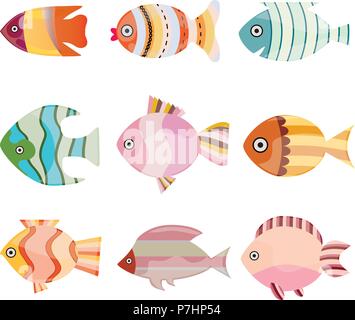 Bunte Fische Set Vector Illustration. Meer oder Ozean fisch Sammlung auf weißem Hintergrund. Stock Vektor