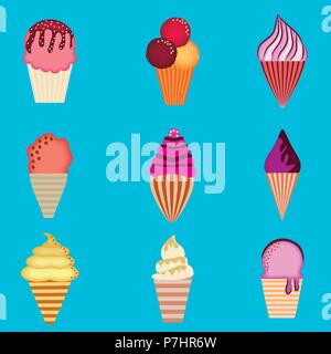 Stellen Sie Eiscreme Vector Illustration. Eis mit Schokolade und Vanille. Stock Vektor