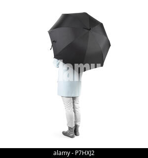 Frauen stehen nach hinten mit schwarzen Leere Dach geöffnet Mock up isoliert. Weibliche Person halten grau klar Dolde Overhead. Glatte Oberfläche gamp mockup. Mann Stockfoto